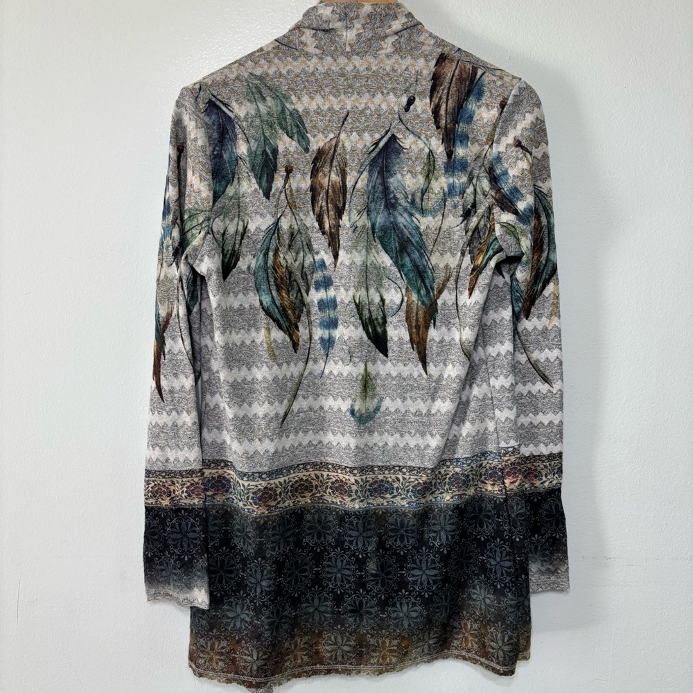 Vocal Boho Earthy Teal Blue Feather Print Rhinestone Embellished Cardigan Medium